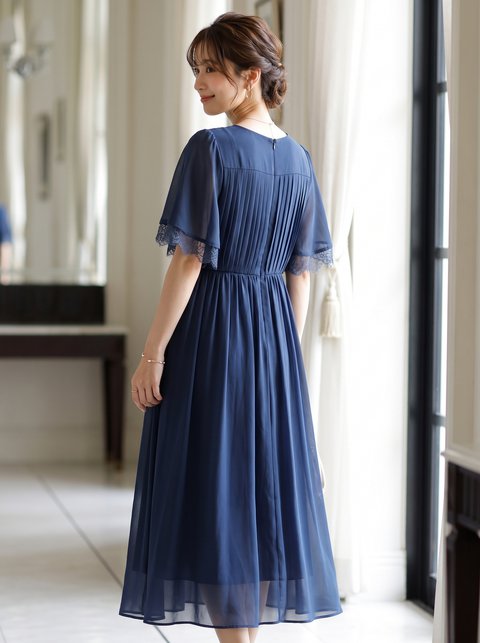スリット入りレーススリーブロングワンピース(ネイビー・ブルー系・Mサイズ)| 名古屋のレンタルドレス24DRESS