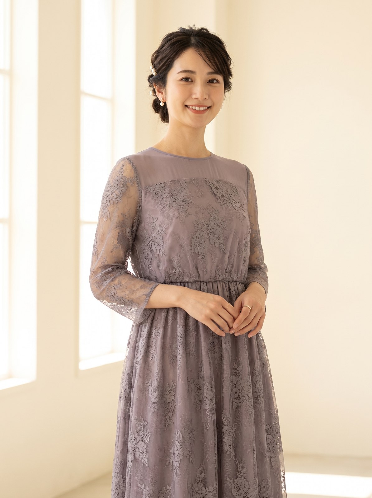 レース切り替えで程よい透け感のあるワンピースドレス(レッド・ピンク系・Mサイズ)| 名古屋のレンタルドレス24DRESS