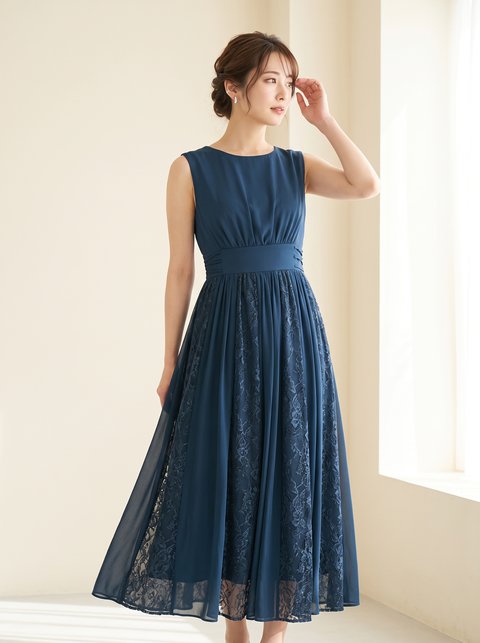 レース×プリーツ切り替えドレス(ネイビー・ブルー系・Sサイズ)| 名古屋のレンタルドレス24DRESS