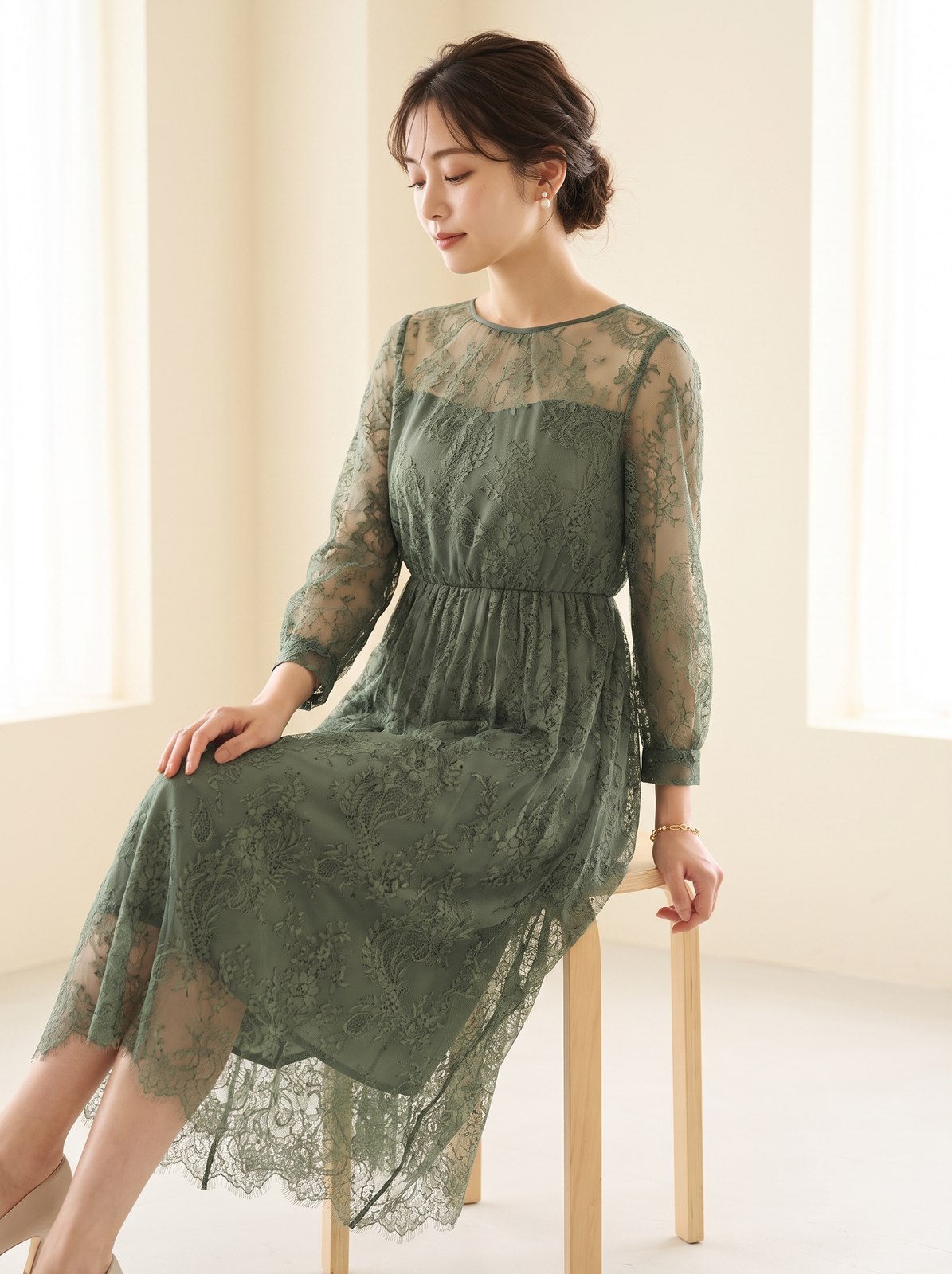 総チュールレースロングワンピース（グリーン系・Mサイズ）| 名古屋のレンタルドレス24DRESS