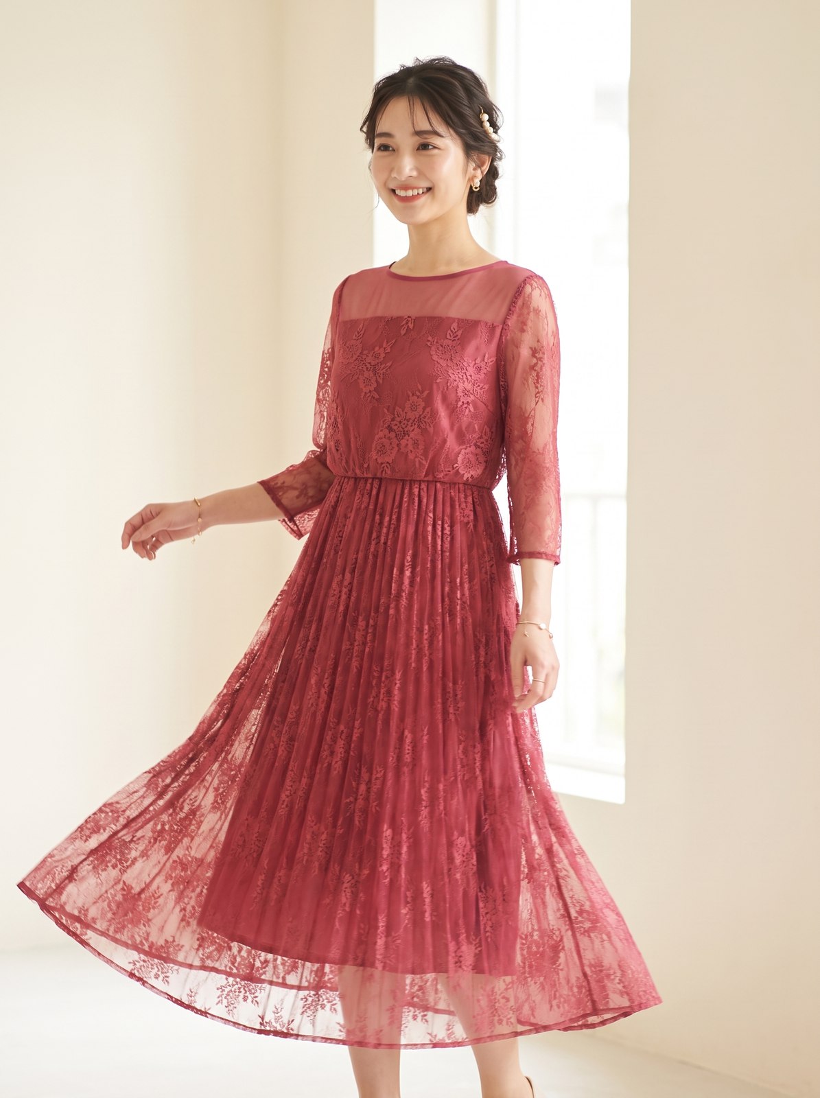総レースワンピース（レッド・ピンク系・Mサイズ）| 名古屋のレンタルドレス24DRESS