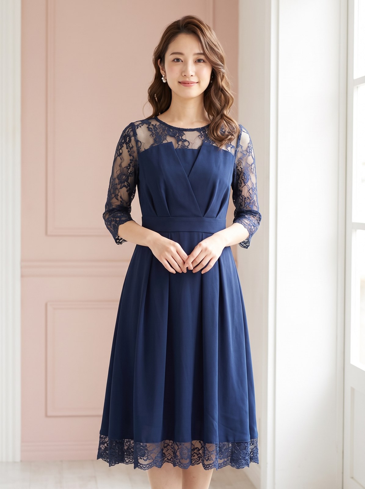 バックレースでどこから見ても可愛い、贅沢なパーティードレス(ネイビー・ブルー系・Mサイズ)| 名古屋のレンタルドレス24DRESS