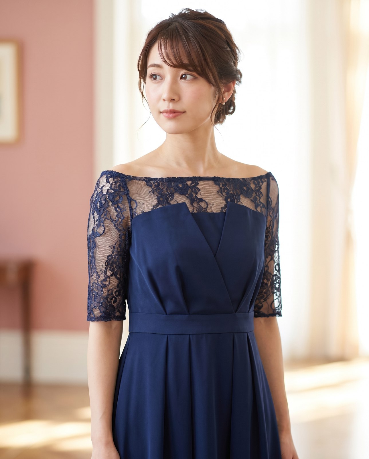 バックレースでどこから見ても可愛い、贅沢なパーティードレス（ネイビー・ブルー系・Mサイズ）| 名古屋のレンタルドレス24DRESS 写真2
