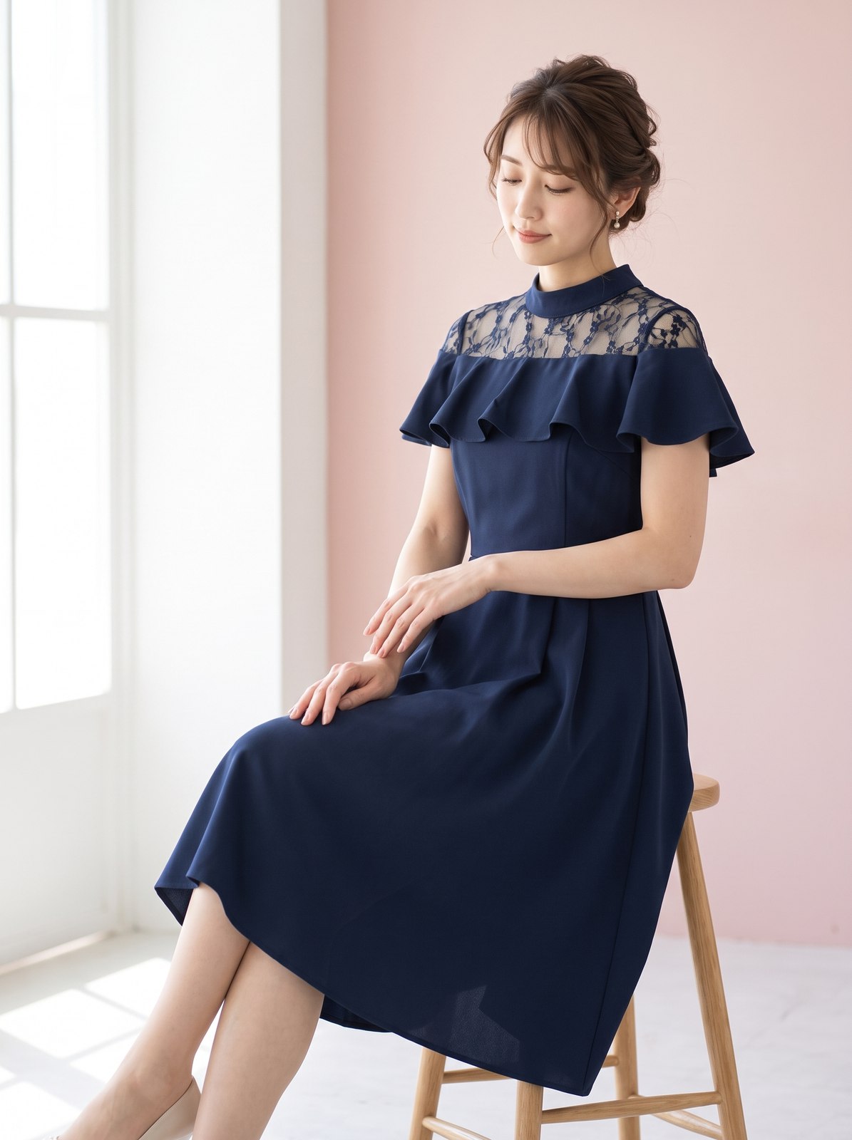 バンドカラーフリル フィッシュテールドレス（ネイビー・ブルー系・Mサイズ）| 名古屋のレンタルドレス24DRESS