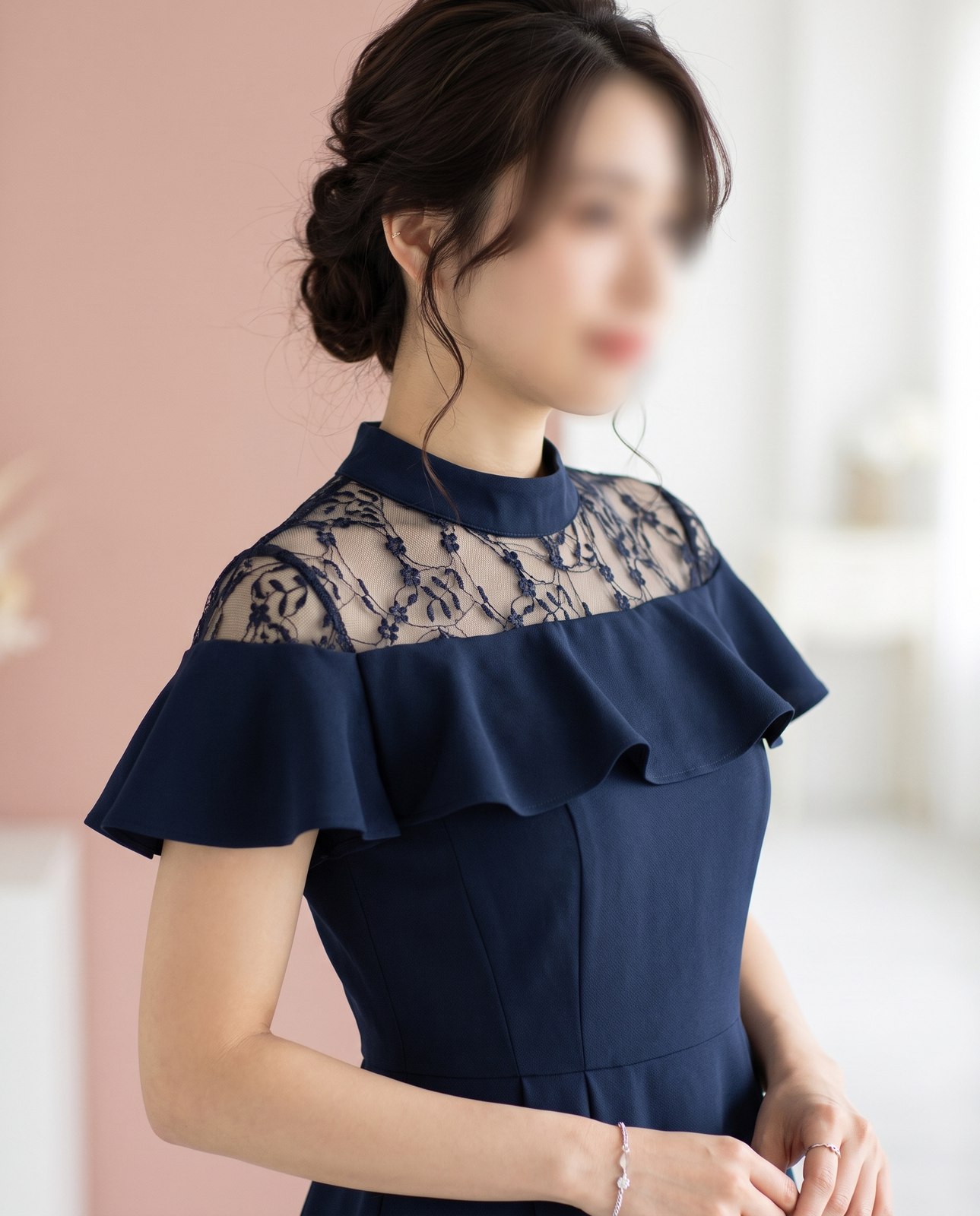 バンドカラーフリル フィッシュテールドレス（ネイビー・ブルー系・Mサイズ）| 名古屋のレンタルドレス24DRESS 写真2