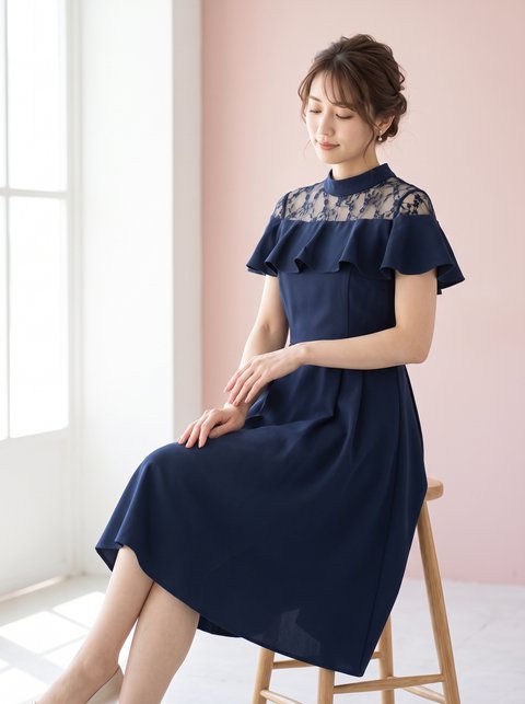 バンドカラーフリル フィッシュテールドレス(ネイビー・ブルー系・Mサイズ)| 名古屋のレンタルドレス24DRESS