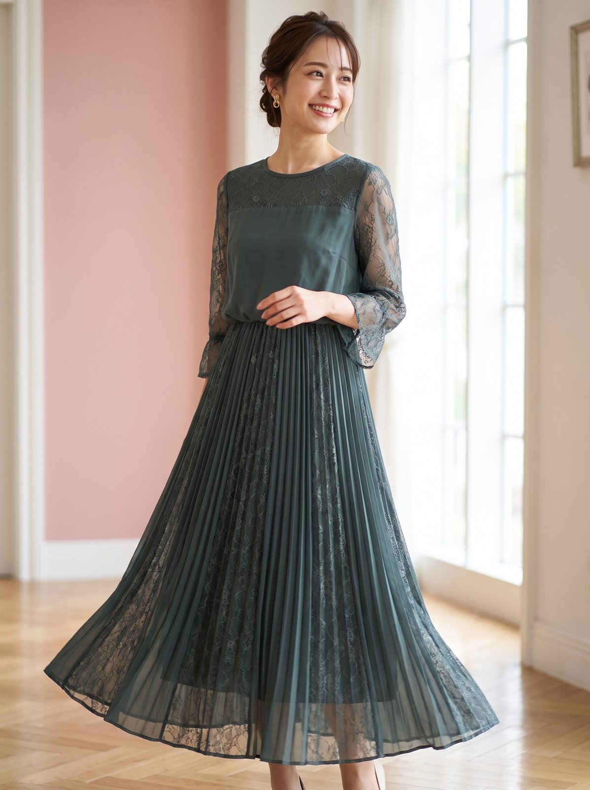 シフォンロングドレス パーティードレス ロング丈（グリーン系・Sサイズ）| 名古屋のレンタルドレス24DRESS