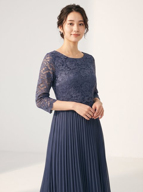 レースレイヤード プリーツロングドレス（ネイビー・ブルー系・Mサイズ）| 名古屋のレンタルドレス24DRESS