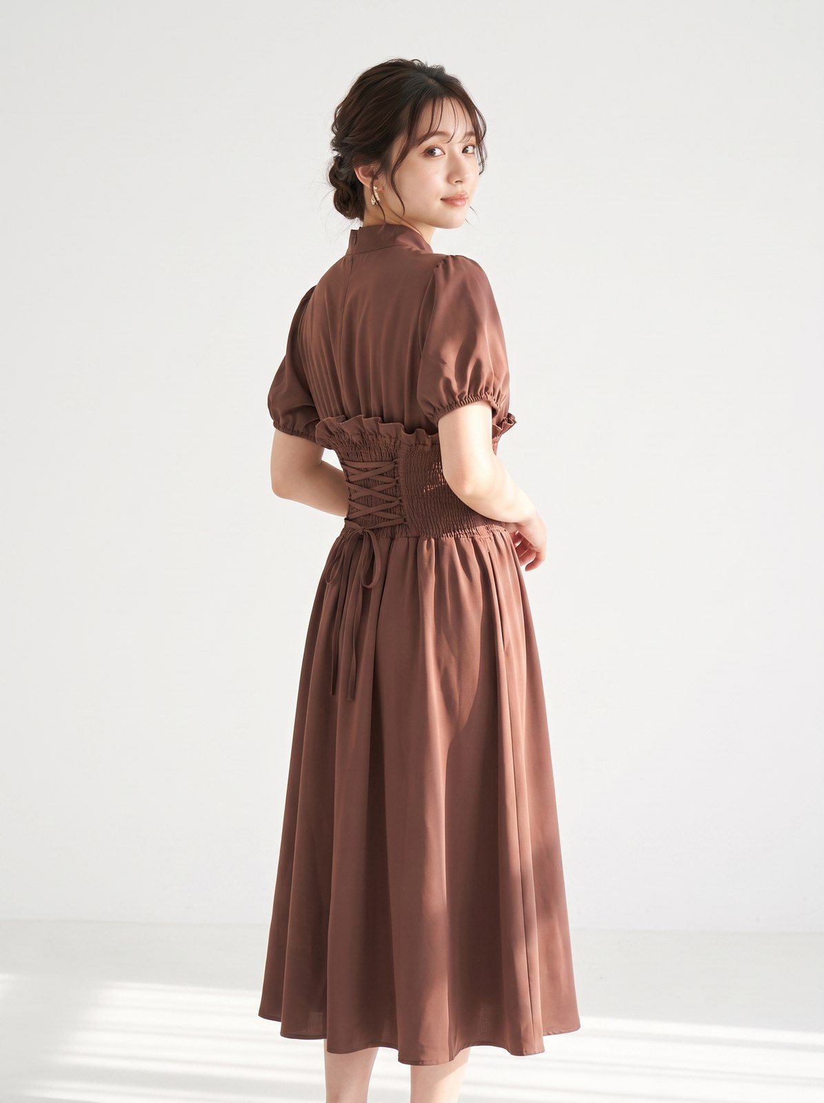 パーティードレス レースアップ パフスリーブ(レッド・ピンク系・Mサイズ)| 名古屋のレンタルドレス24DRESS
