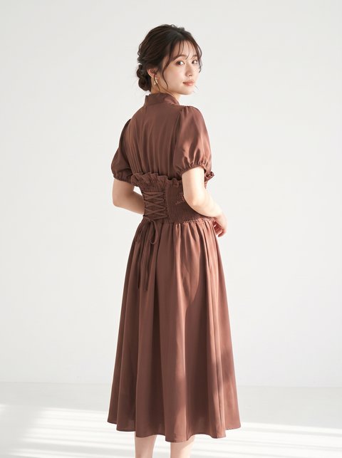 パーティードレス レースアップ パフスリーブ(レッド・ピンク系・Mサイズ)| 名古屋のレンタルドレス24DRESS