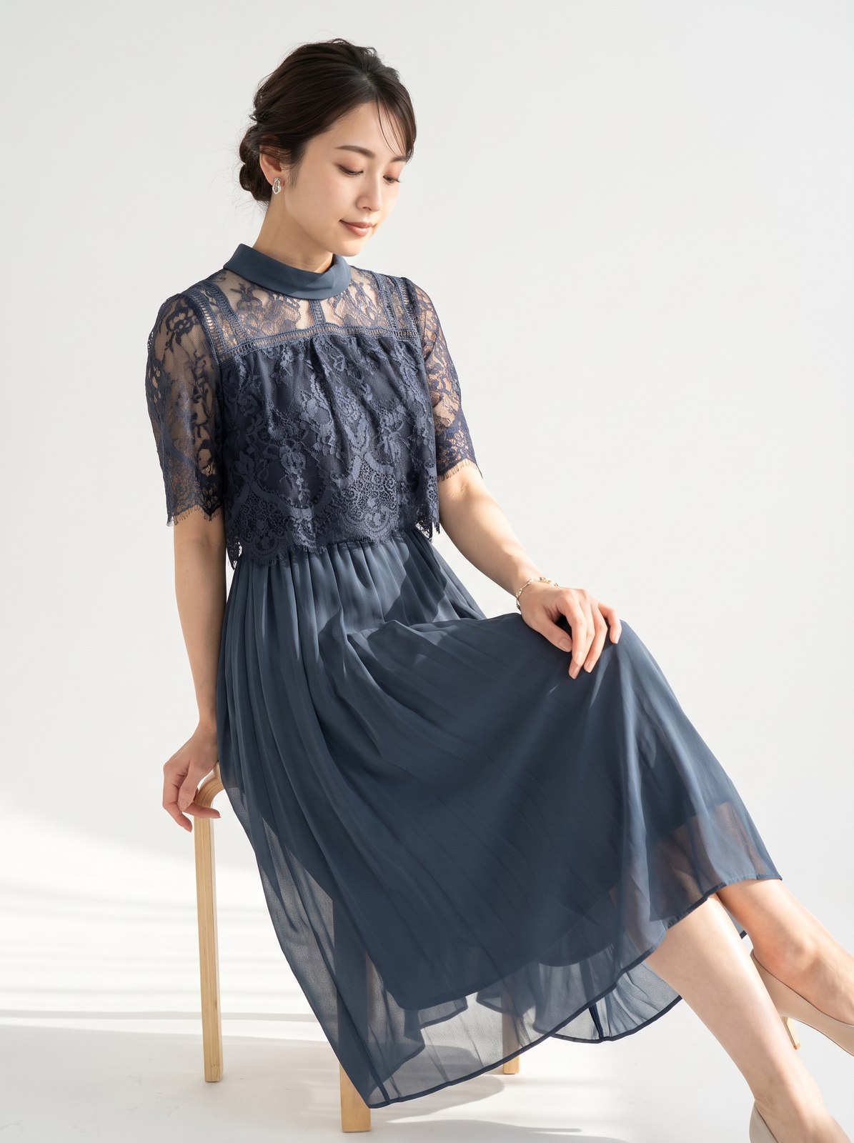 ハイネックレース ミモレドレス(ネイビー・ブルー系・Mサイズ)| 名古屋のレンタルドレス24DRESS