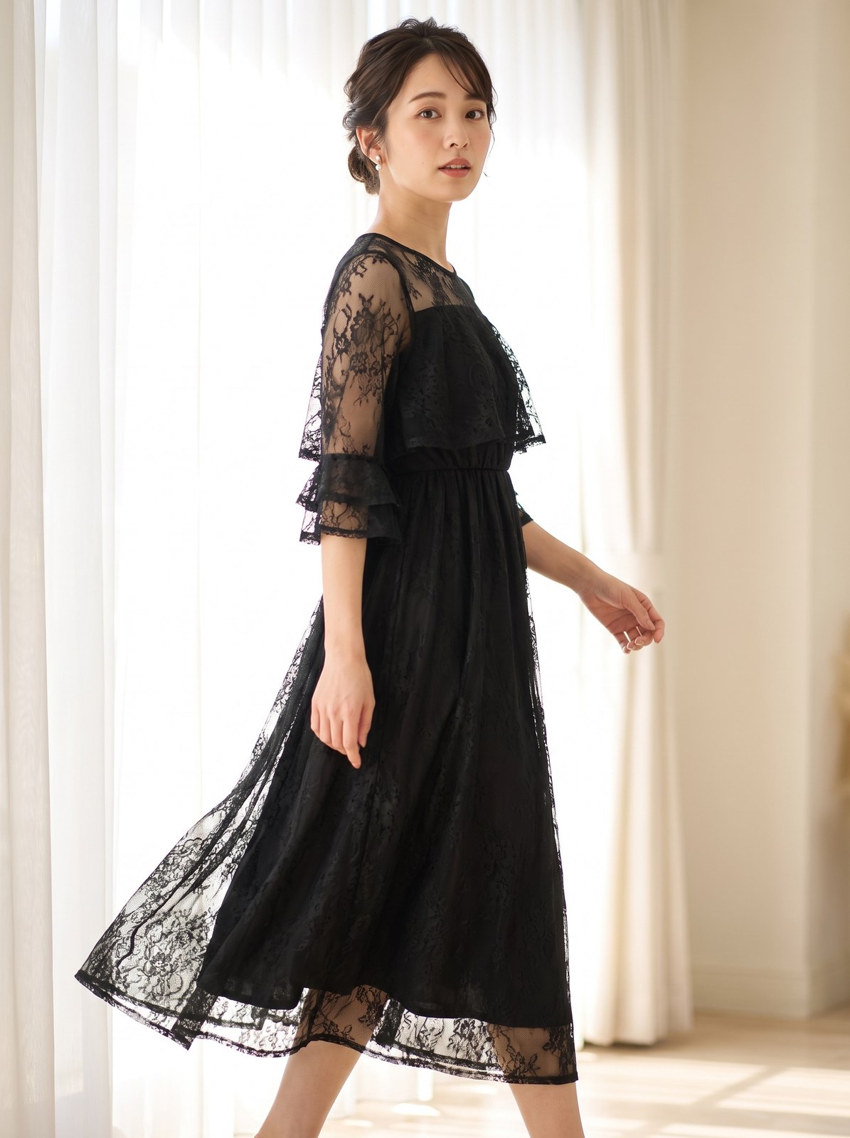レース×ティアードフリル ロングドレス（黒（ブラック）・Mサイズ）| 名古屋のレンタルドレス24DRESS