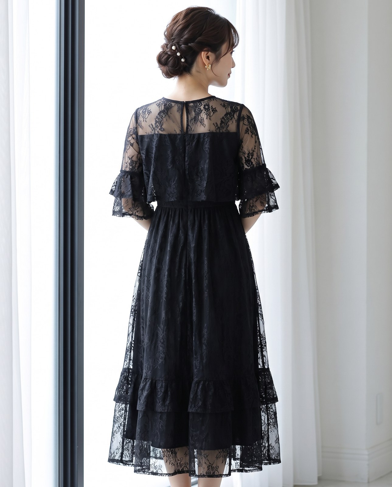 レース×ティアードフリル ロングドレス（黒（ブラック）・Mサイズ）| 名古屋のレンタルドレス24DRESS 写真2