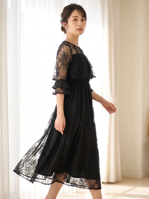レース×ティアードフリル ロングドレス（黒（ブラック）・Mサイズ）| 名古屋のレンタルドレス24DRESS