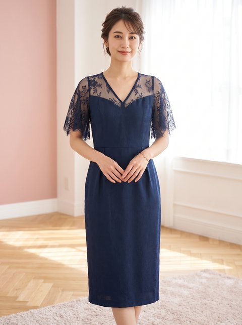 レース切り替えワンピースパーティードレス（ネイビー・ブルー系・Mサイズ）| 名古屋のレンタルドレス24DRESS