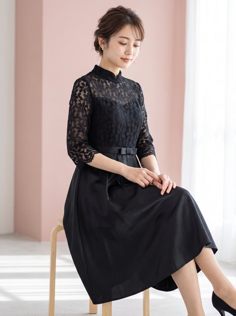 リボンベルト付きレース&サテンフレア結婚式ワンピースドレス（黒（ブラック）・Lサイズ）| 名古屋のレンタルドレス24DRESS