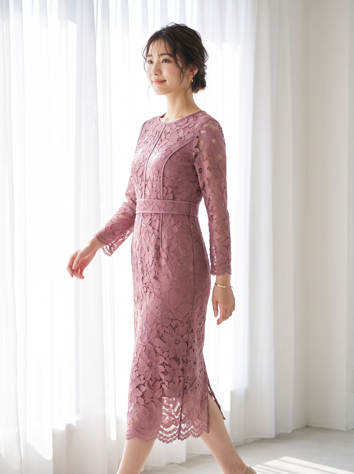 パーティードレス ウエストマーク 総レースワンピース(レッド・ピンク系・Lサイズ)| 名古屋のレンタルドレス24DRESS