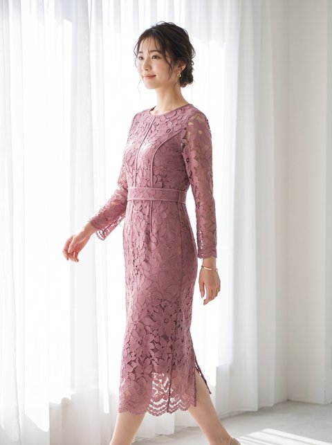 パーティードレス ウエストマーク 総レースワンピース(レッド・ピンク系・Lサイズ)| 名古屋のレンタルドレス24DRESS
