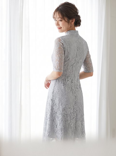 スタンドネックフレアドレス(ホワイト・グレー系・Sサイズ)| 名古屋のレンタルドレス24DRESS
