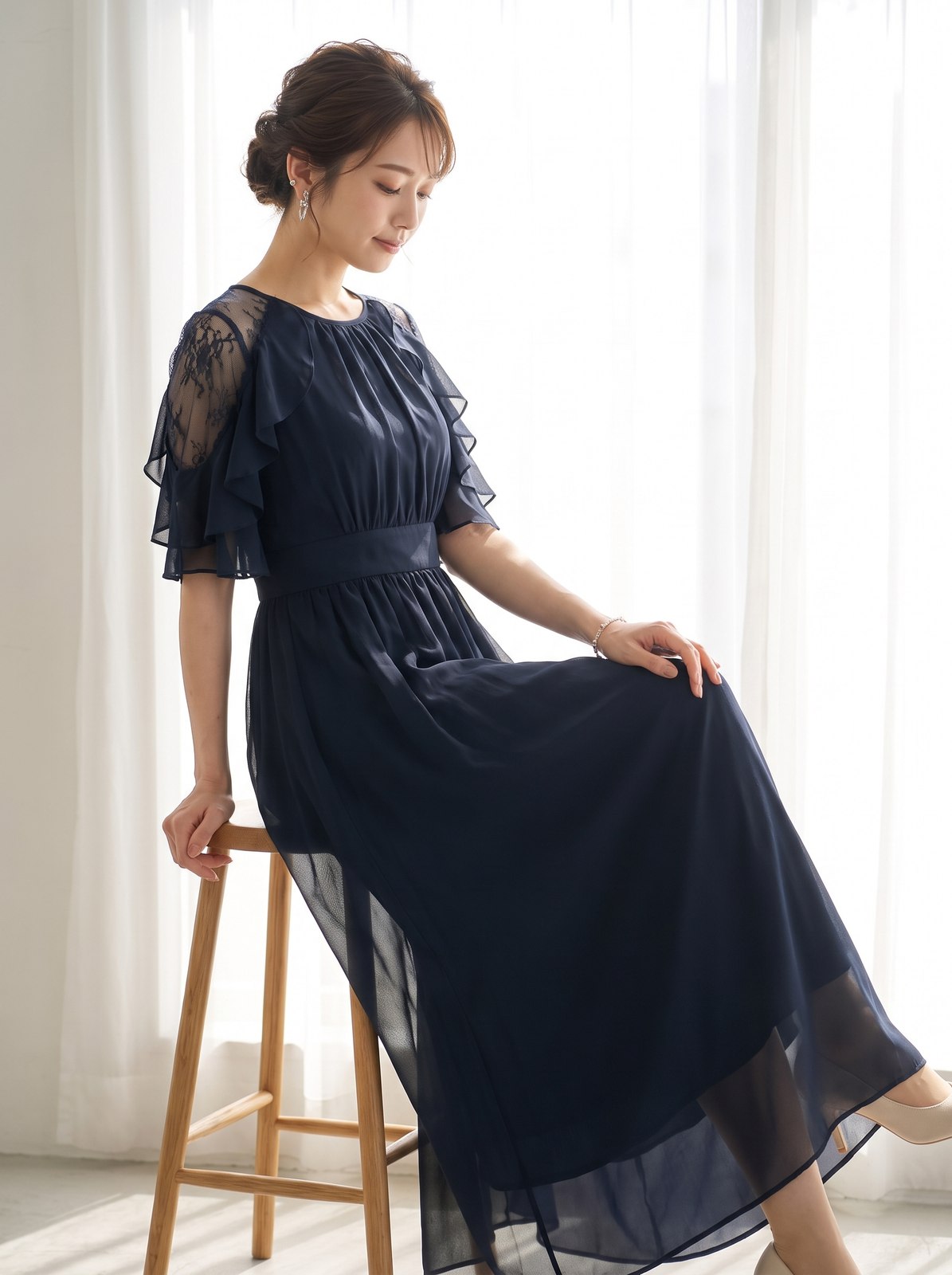 レース切替 フリルロング丈Aラインワンピース ロングドレス（黒（ブラック）・Lサイズ）| 名古屋のレンタルドレス24DRESS