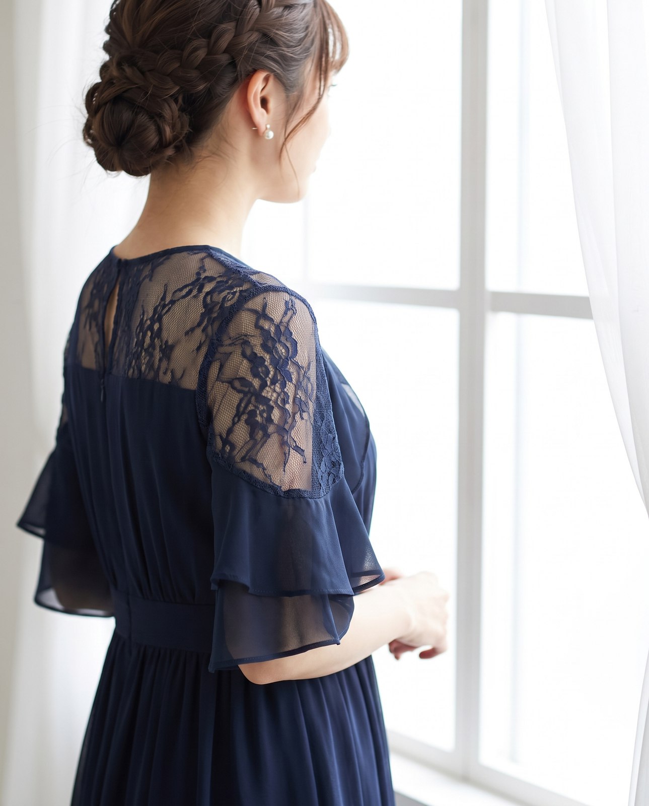 レース切替 フリルロング丈Aラインワンピース ロングドレス（黒（ブラック）・Lサイズ）| 名古屋のレンタルドレス24DRESS 写真2