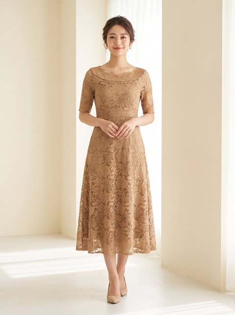 ベージュゴールドの繊細な総レース作りのミモレ丈フレアドレス(ブラウン・ベージュ系・Sサイズ)| 名古屋のレンタルドレス24DRESS