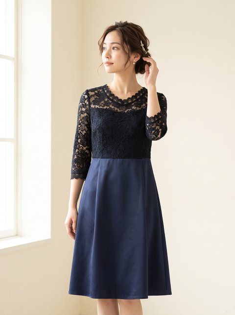 レースドッキング パーティドレス(ネイビー・ブルー系・Lサイズ)| 名古屋のレンタルドレス24DRESS