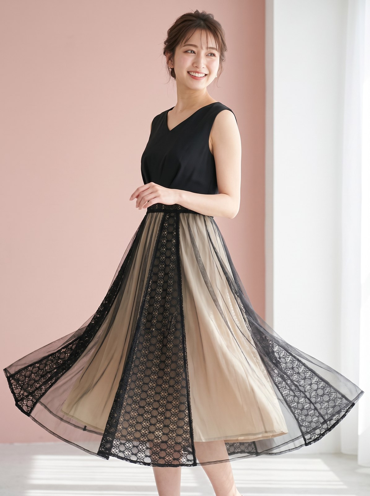 ワンピースドレスソフトチュールノースリーブ&ロング（黒（ブラック）・Mサイズ）| 名古屋のレンタルドレス24DRESS