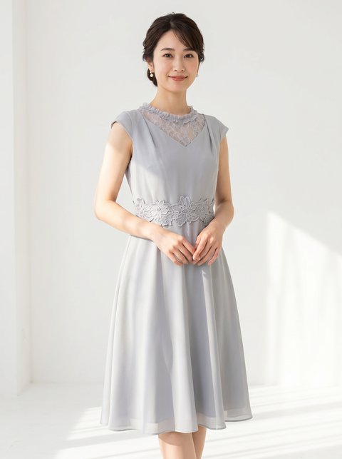 レース切り替え Aラインワンピース(ホワイト・グレー系・Mサイズ)| 名古屋のレンタルドレス24DRESS