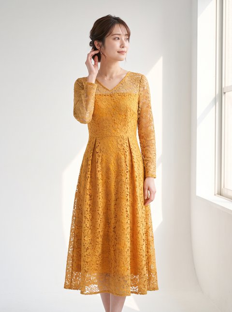 総レース Vネックフレアワンピース（イエロー・オレンジ系・Mサイズ）| 名古屋のレンタルドレス24DRESS