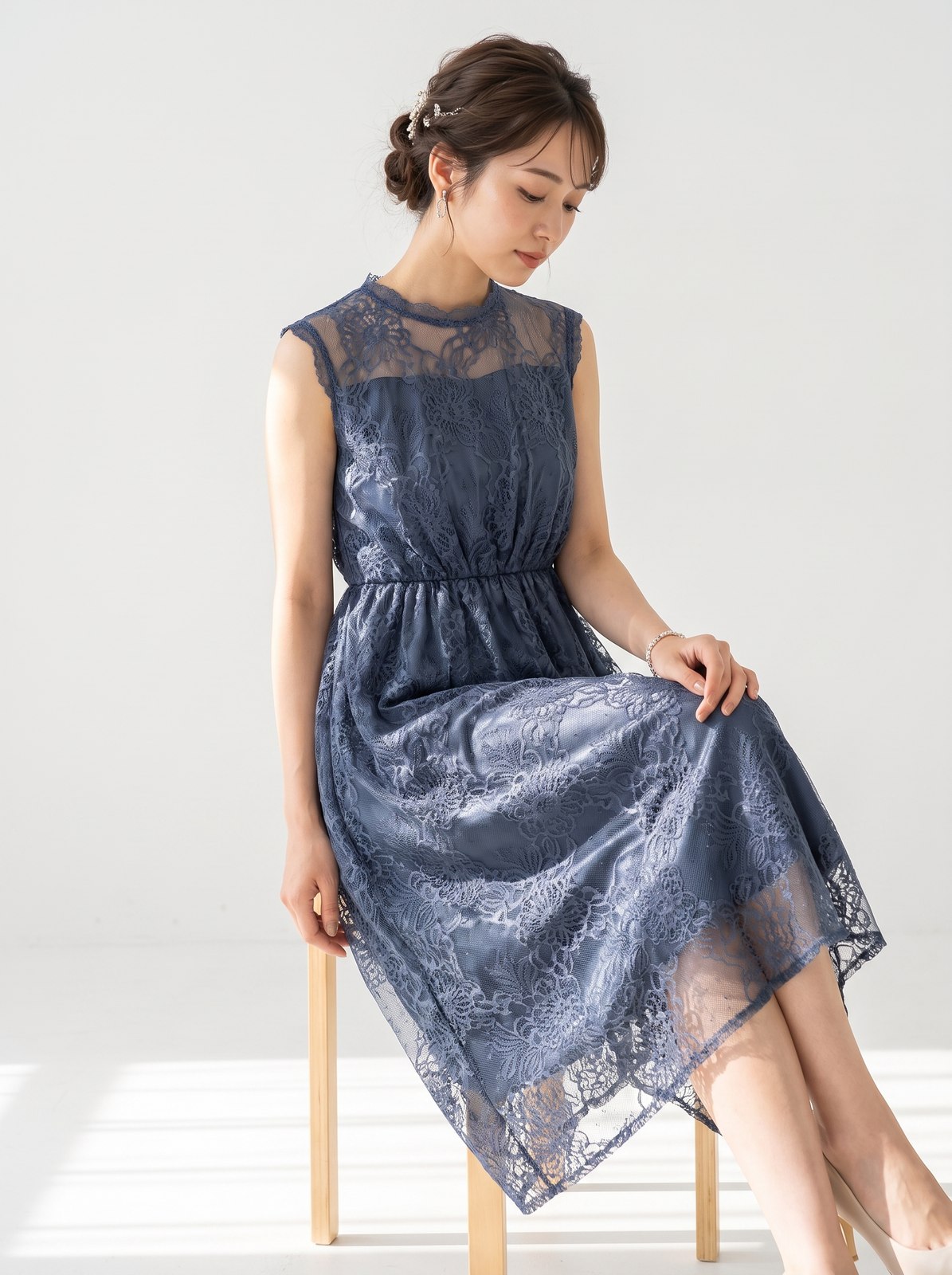 総レース ハイネックフレアワンピース（ネイビー・ブルー系・Mサイズ）| 名古屋のレンタルドレス24DRESS