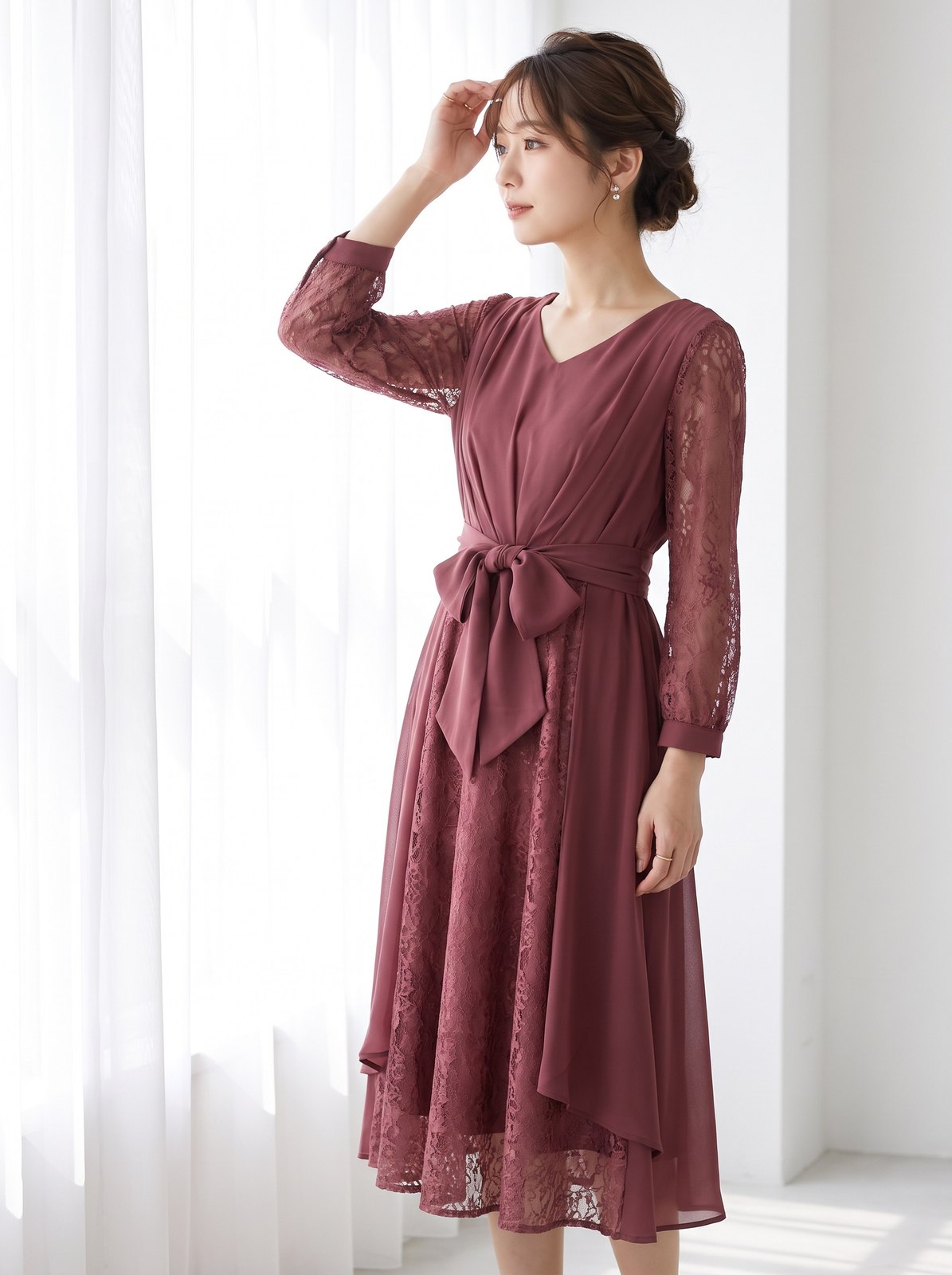 レース袖 リボン付きフレアワンピース(レッド・ピンク系・Sサイズ)| 名古屋のレンタルドレス24DRESS