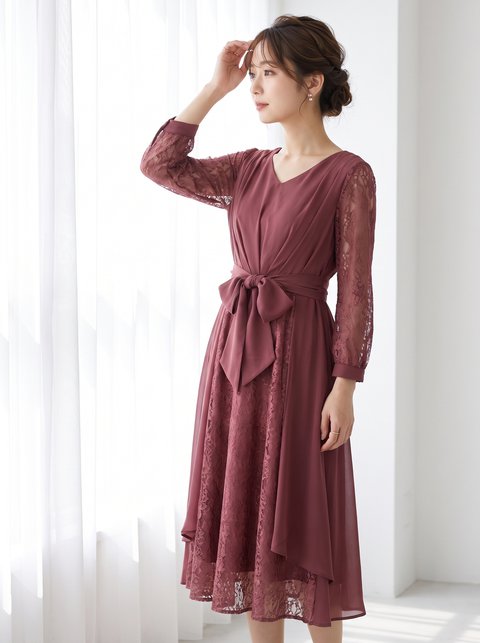 レース袖 リボン付きフレアワンピース（レッド・ピンク系・Sサイズ）| 名古屋のレンタルドレス24DRESS