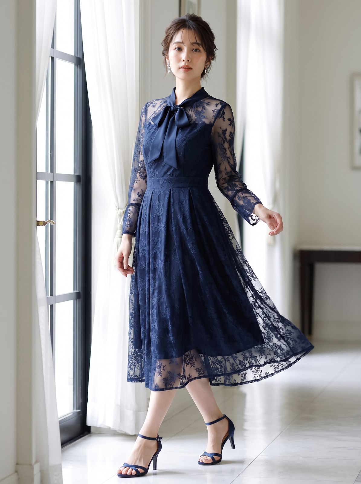 総レース ボウタイフレアワンピース(ネイビー・ブルー系・Mサイズ)| 名古屋のレンタルドレス24DRESS