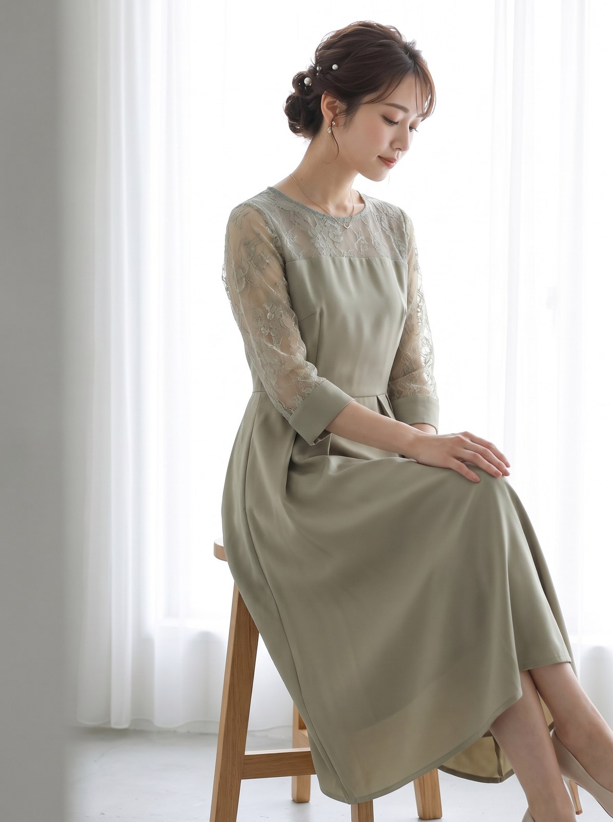レース切り替え Aラインワンピース(グリーン系・Mサイズ)| 名古屋のレンタルドレス24DRESS