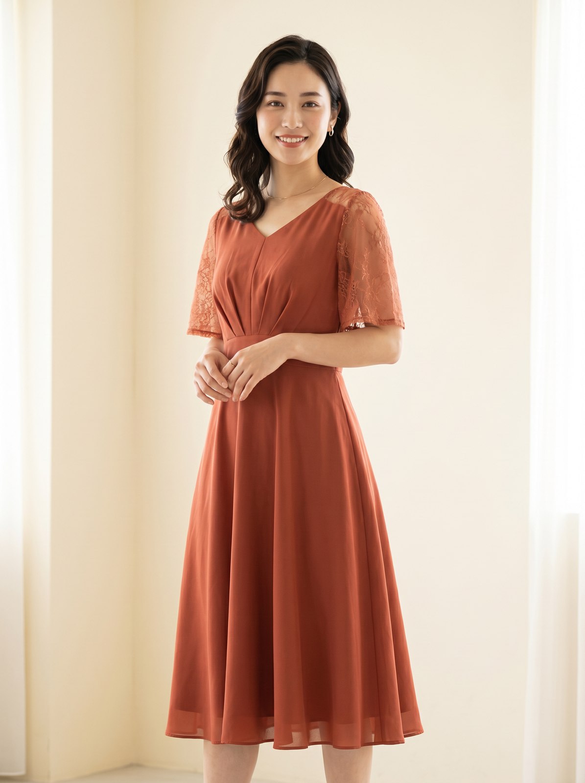 レース袖 タック入りワンピース（イエロー・オレンジ系・Mサイズ）| 名古屋のレンタルドレス24DRESS