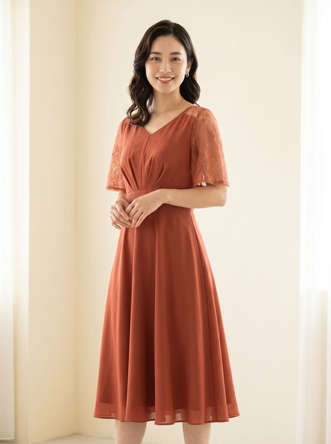 レース袖 タック入りワンピース(イエロー・オレンジ系・Mサイズ)| 名古屋のレンタルドレス24DRESS