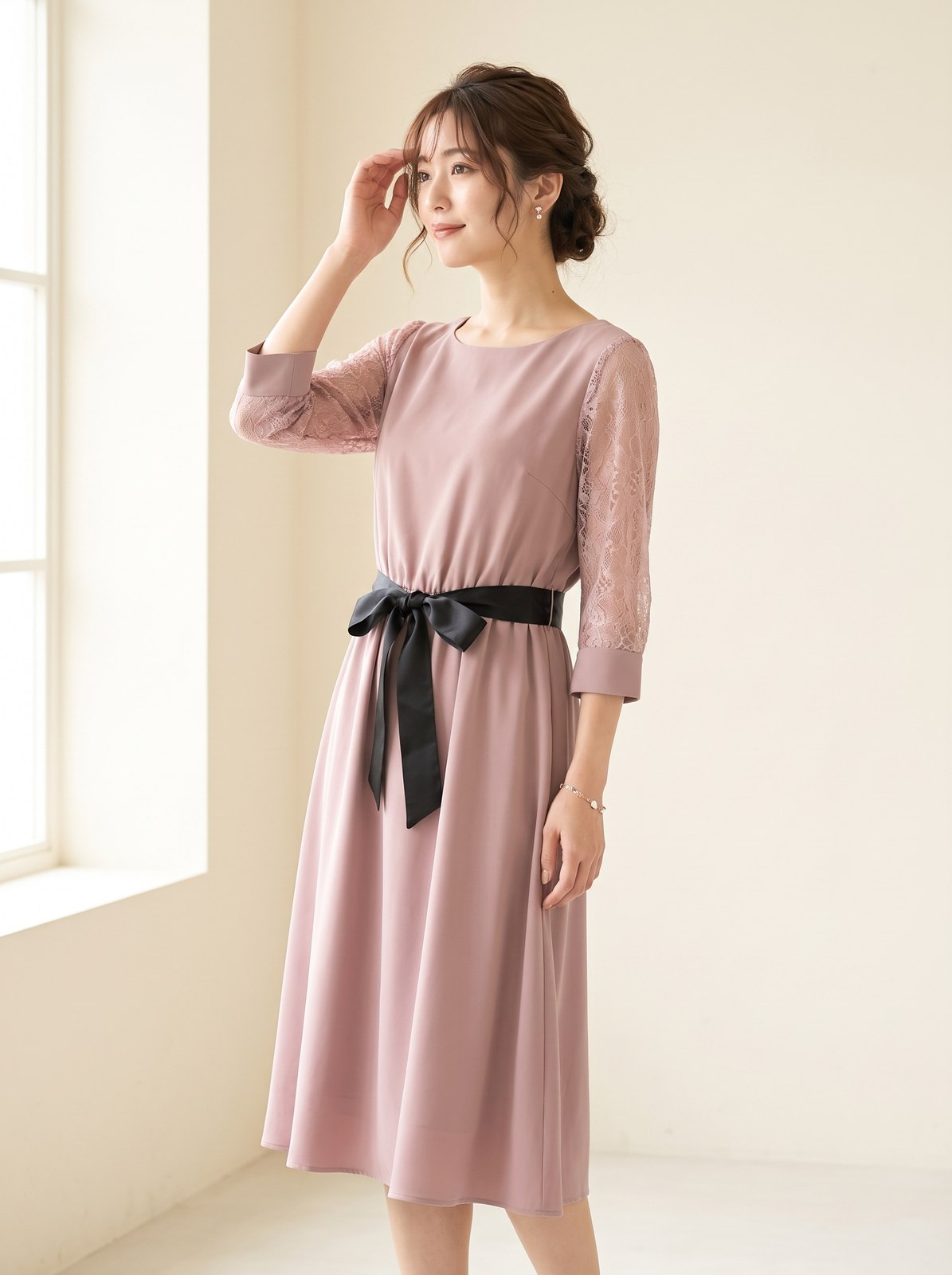 レース袖 リボンベルトワンピース(レッド・ピンク系・Mサイズ)| 名古屋のレンタルドレス24DRESS