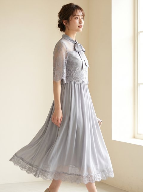 レースボレロ風 プリーツワンピース（ホワイト・グレー系・Sサイズ）| 名古屋のレンタルドレス24DRESS
