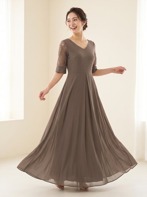 レース袖 Vネックロングワンピース(ブラウン・ベージュ系・Mサイズ)| 名古屋のレンタルドレス24DRESS