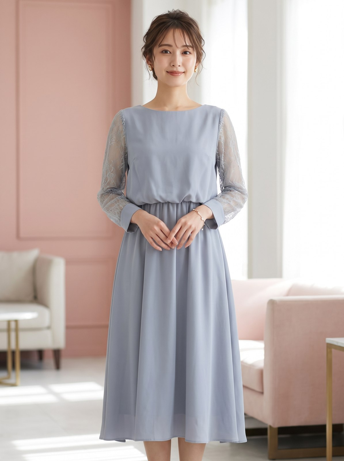レース袖 ボウタイパーティードレス（ネイビー・ブルー系・Mサイズ）| 名古屋のレンタルドレス24DRESS