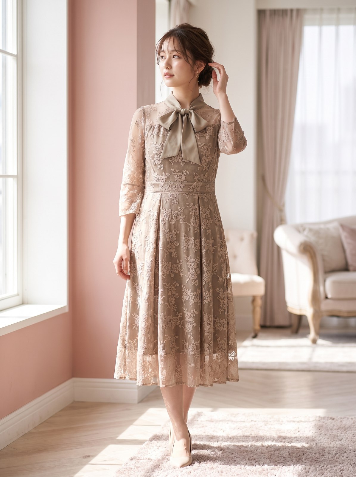 総レース ボウタイワンピース（ブラウン・ベージュ系・Mサイズ）| 名古屋のレンタルドレス24DRESS