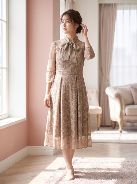 総レース ボウタイワンピース(ブラウン・ベージュ系・Mサイズ)| 名古屋のレンタルドレス24DRESS
