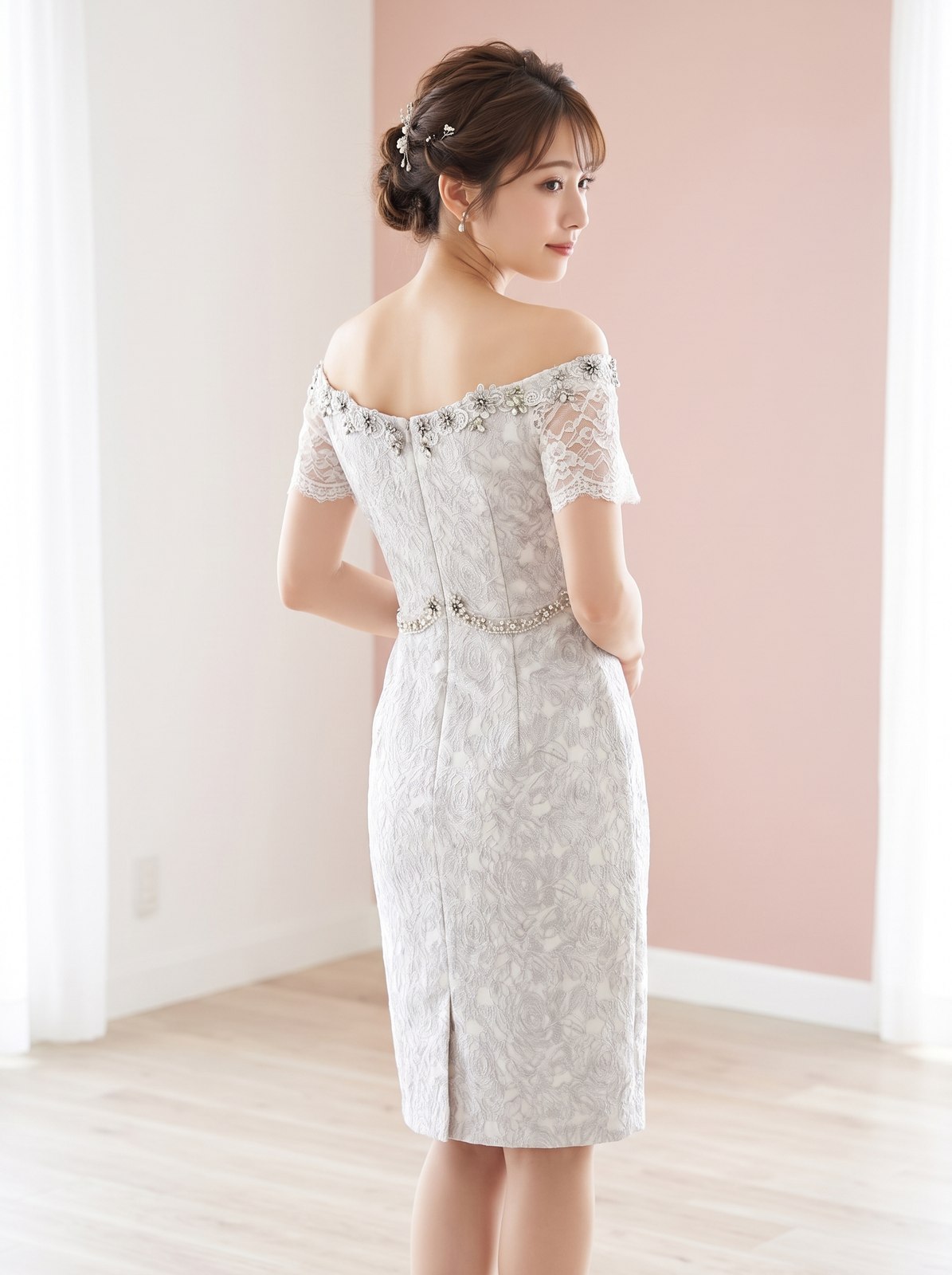 刺繍レース チュール切り替えタイトミニドレス(ホワイト・グレー系・Sサイズ)| 名古屋のレンタルドレス24DRESS