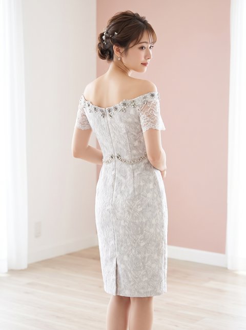 刺繍レース チュール切り替えタイトミニドレス(ホワイト・グレー系・Sサイズ)| 名古屋のレンタルドレス24DRESS