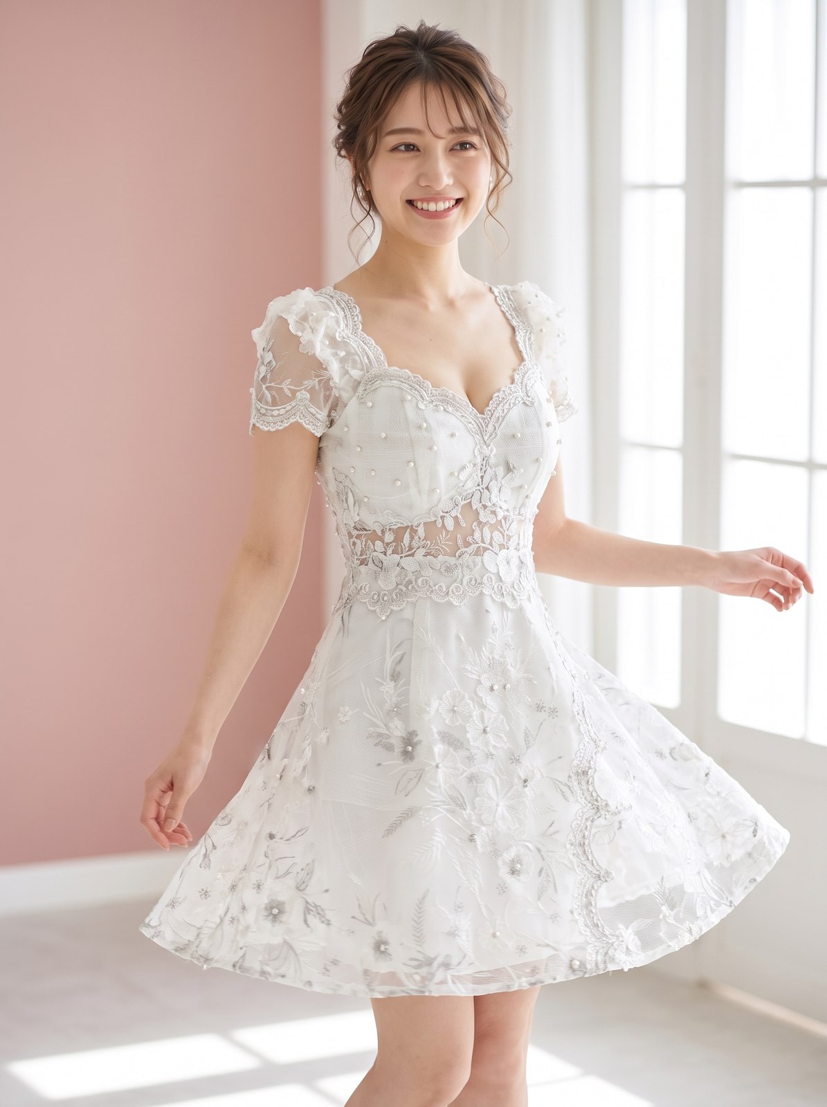 チュール切り替えタイトミニドレス(ホワイト・グレー系・Sサイズ)| 名古屋のレンタルドレス24DRESS