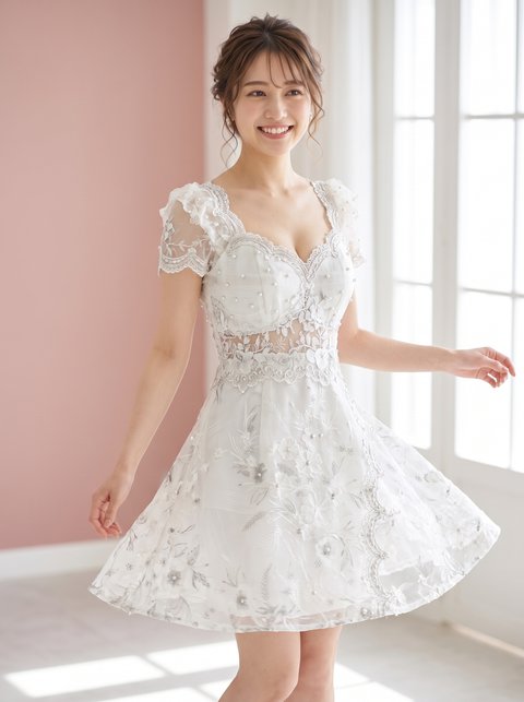 チュール切り替えタイトミニドレス（ホワイト・グレー系・Sサイズ）| 名古屋のレンタルドレス24DRESS
