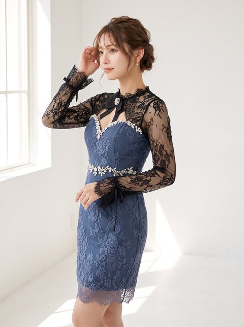 総レース ビジュー切り替えパーティードレス(ネイビー・ブルー系・Mサイズ)| 名古屋のレンタルドレス24DRESS
