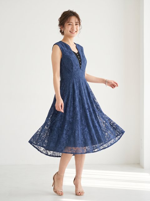 総レース Vネックパーティードレス(ネイビー・ブルー系・XSサイズ)| 名古屋のレンタルドレス24DRESS