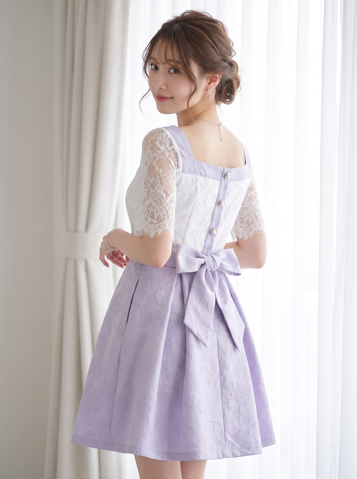 レース袖 ジャカードワンピース(パープル系・Mサイズ)| 名古屋のレンタルドレス24DRESS